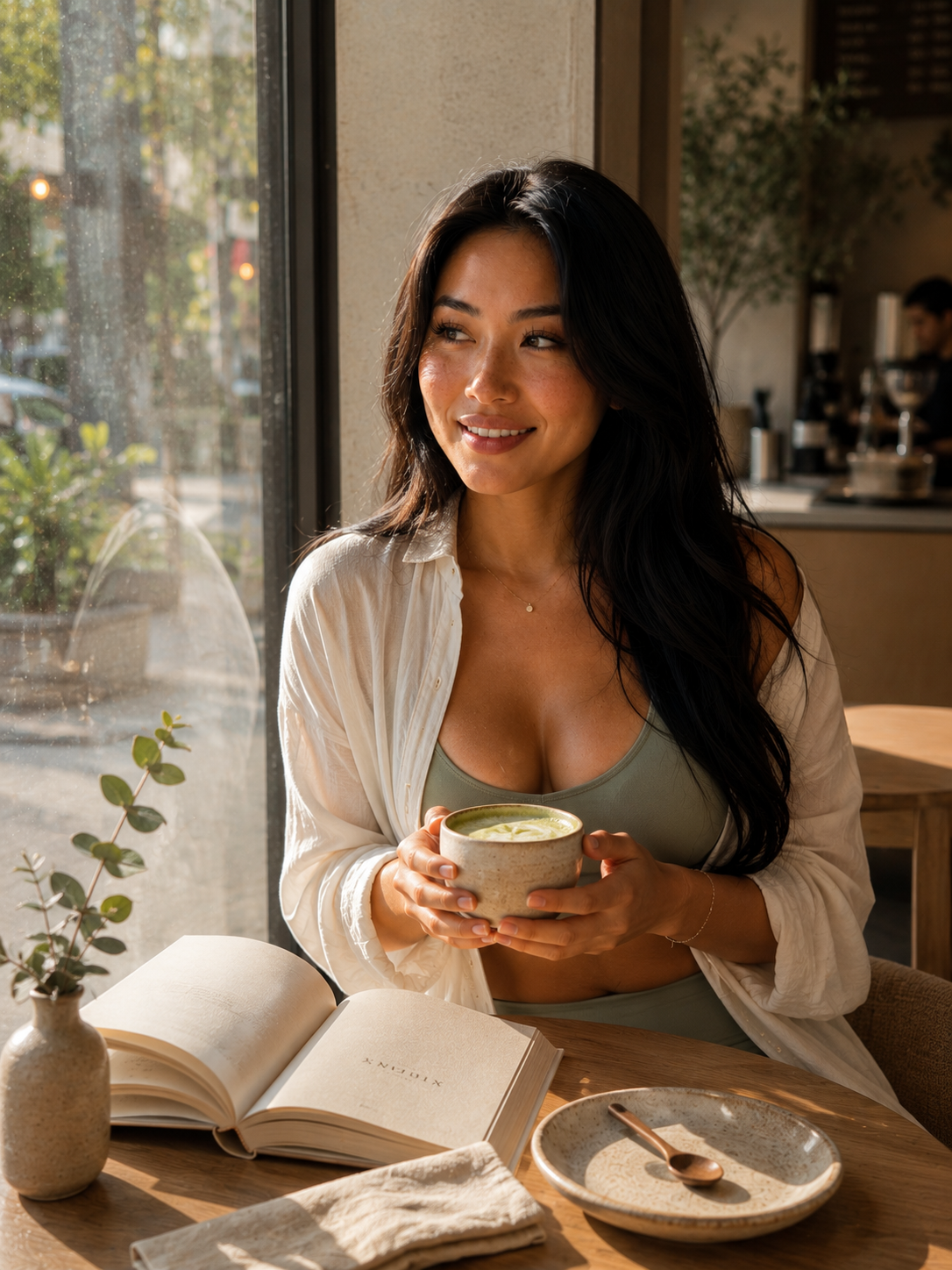 Mila Tan holding a matcha bowl at a café window