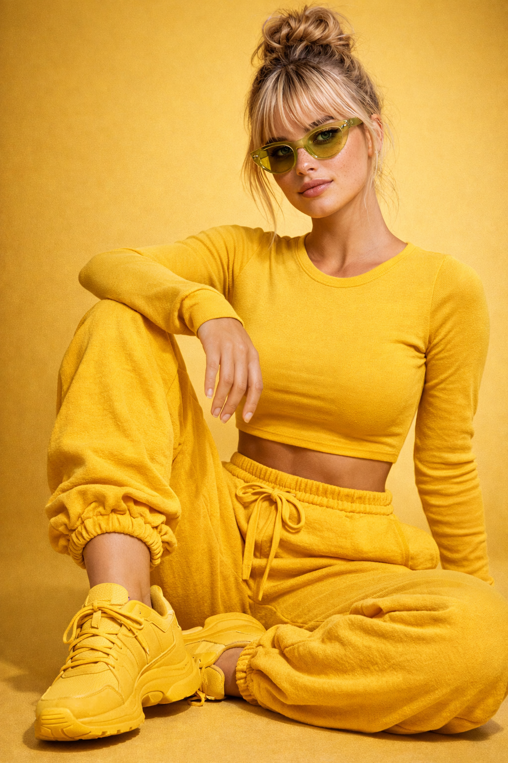 Isla Vaelora in a monochrome yellow loungewear set