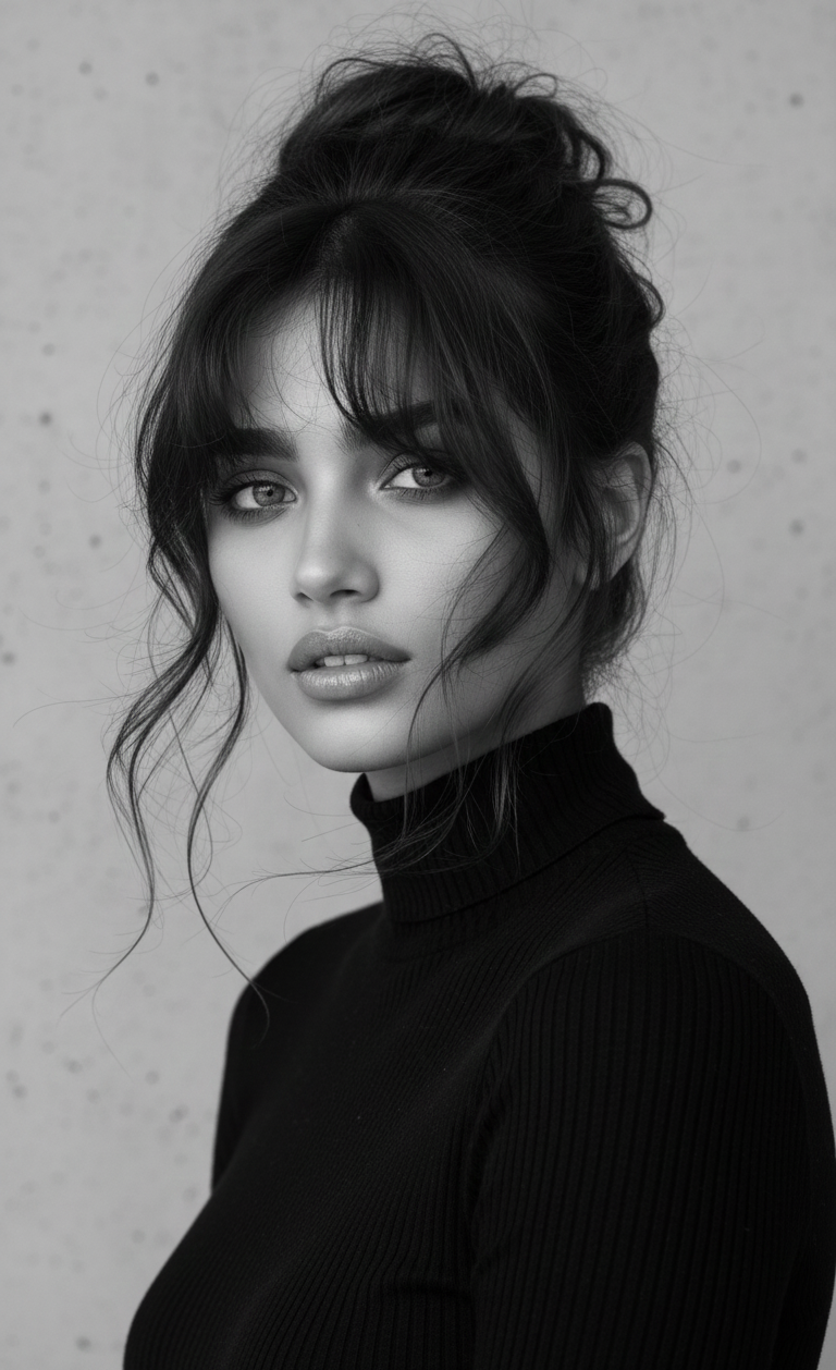 Kaira black-and-white editorial portrait in a black turtleneck