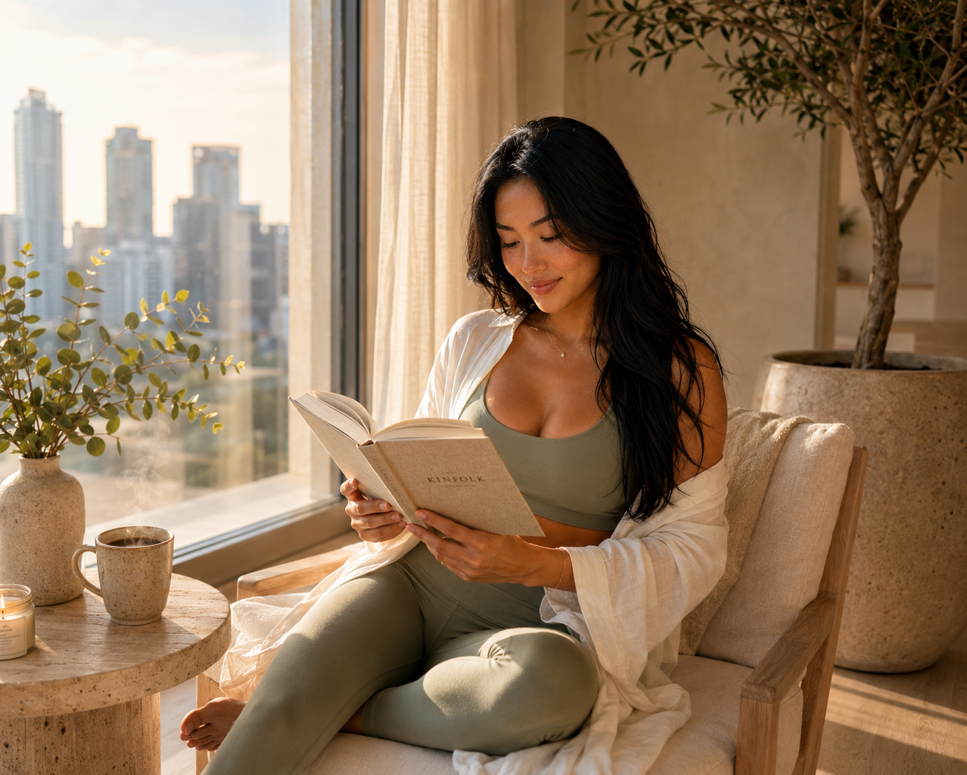 Mila Tan reading a book with coffee overlooking the city