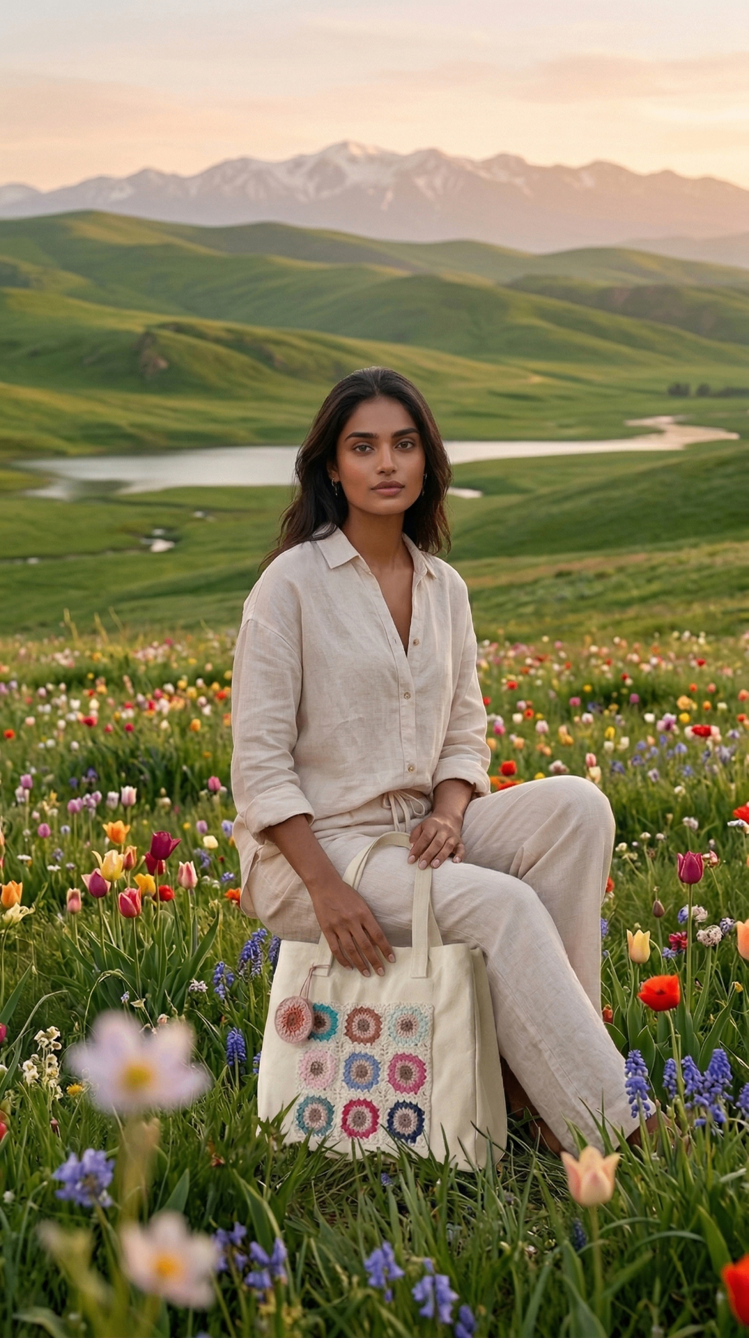 Kaira in a flower meadow with a crocheted tote bag at golden hour
