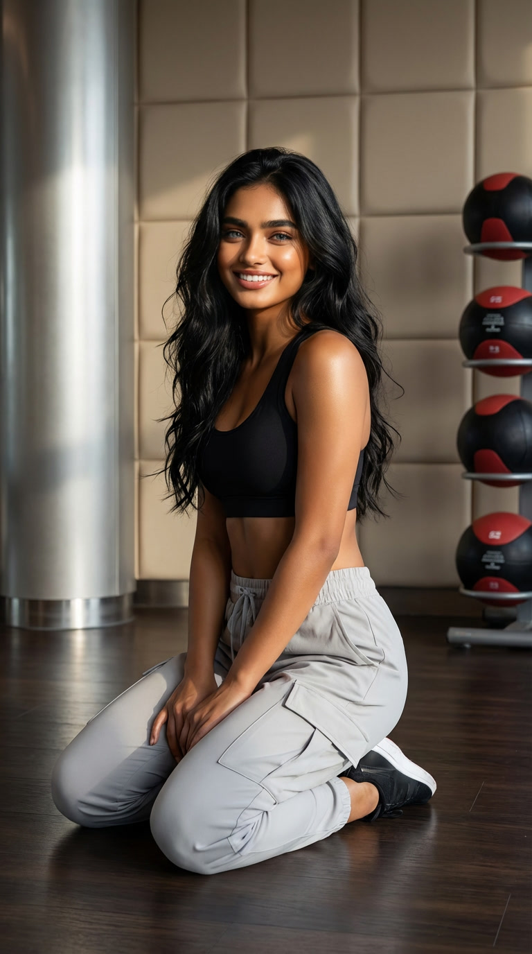 Kaira kneeling in a gym with medicine balls behind her