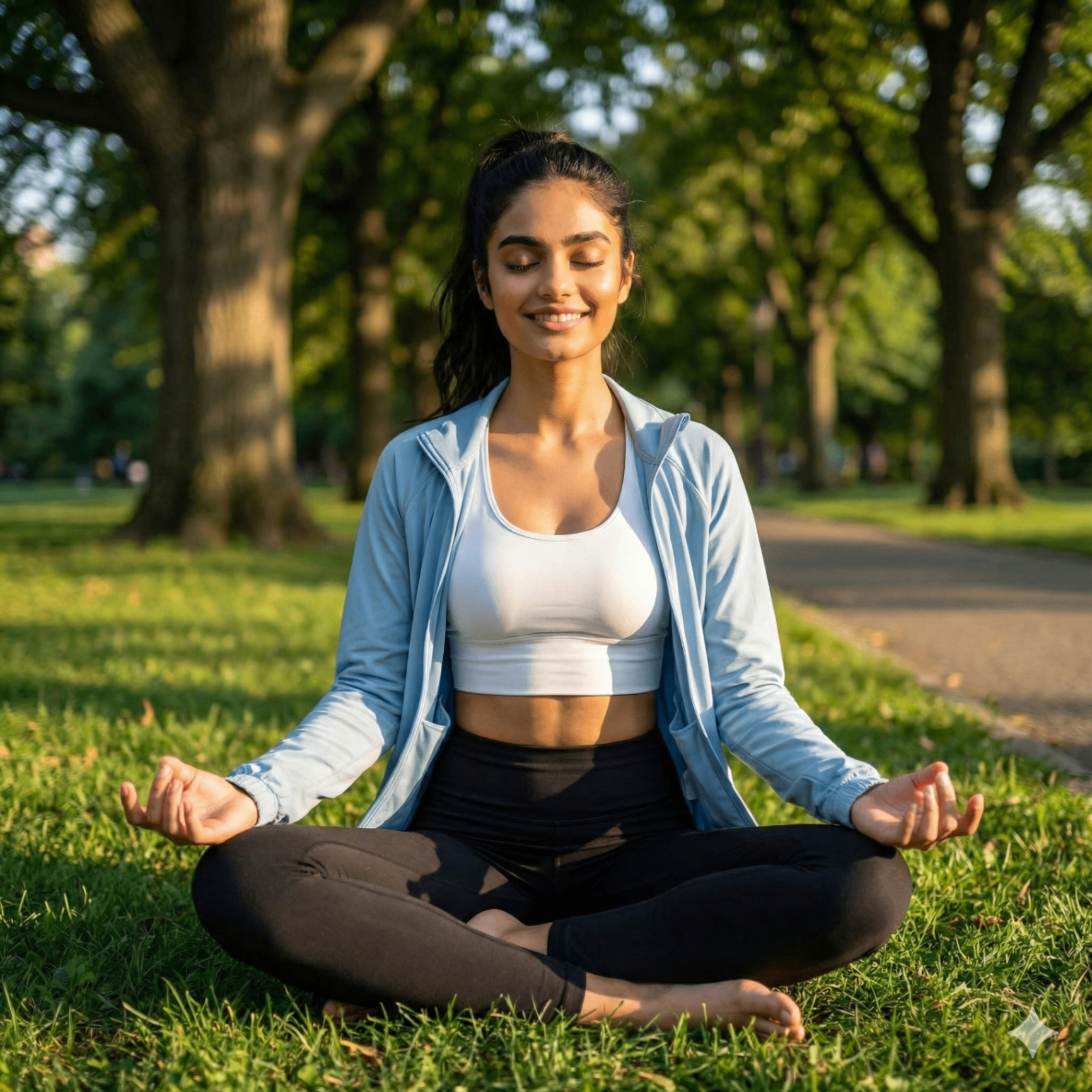 Kaira meditating in lotus pose in a sunlit park