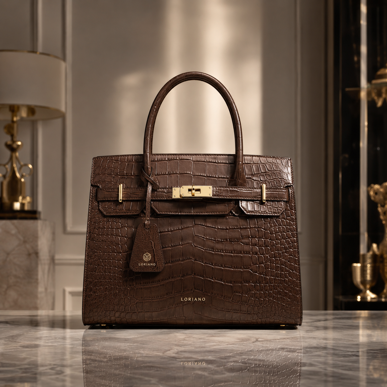 Brown croc-embossed handbag in luxury interior