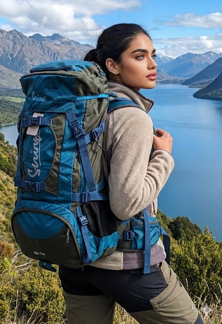 Kaira hiking with a backpack overlooking a mountain lake
